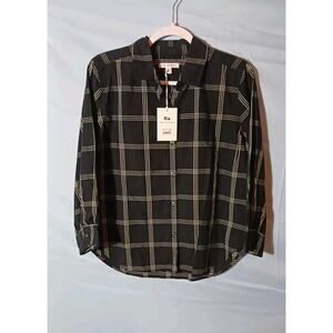 Free Assembly Womens Small Black Plaid Button Up Shirt 100% Cotton NWT
